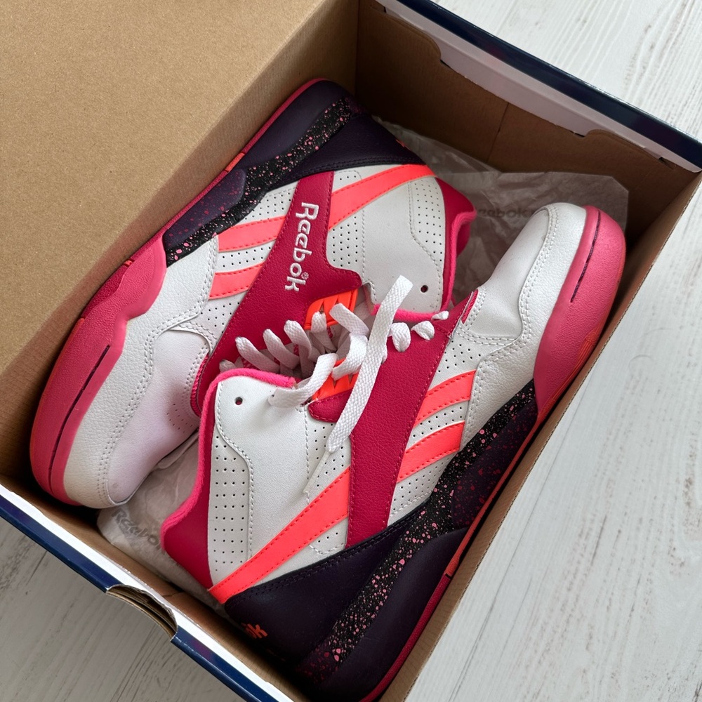 Reebok Reverse Jam Mid retro neon pink and purple sneakers